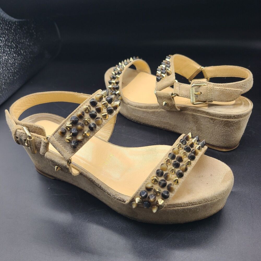 Christian Louboutin Platform Sandals beige suede Wedge Gold Brown Spike Stud 5.5